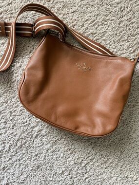 kate spade Tan Pebbled Leather Crossbody with Striped Strap